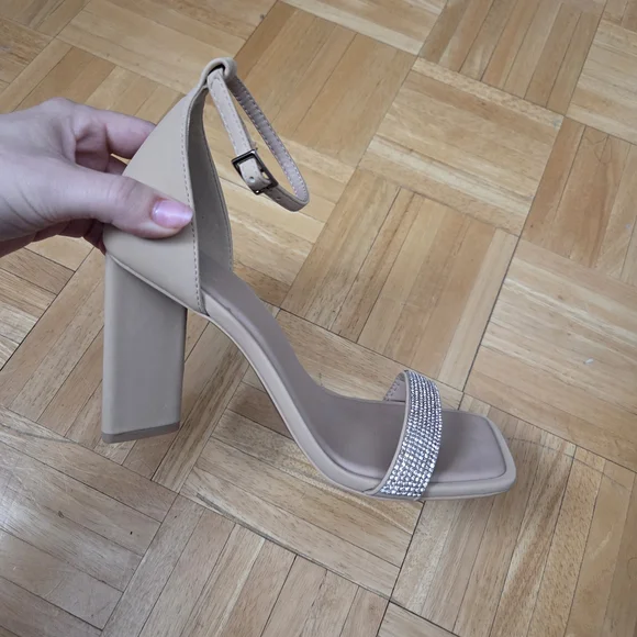 Call It Spring Nude Block Heels with Rhinestone Strap - Picture 3 of 5